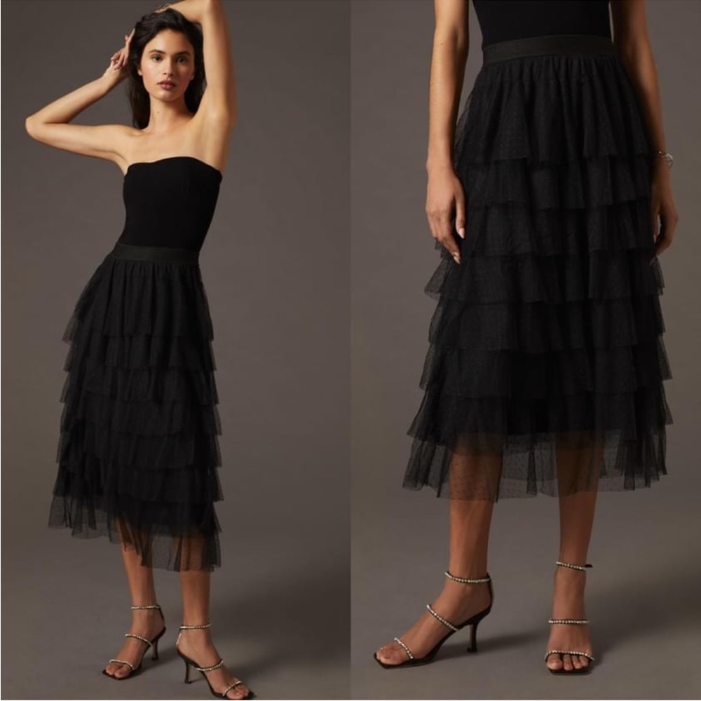 NWT Anthropologie Tiered Tulle Black Skirt XSP